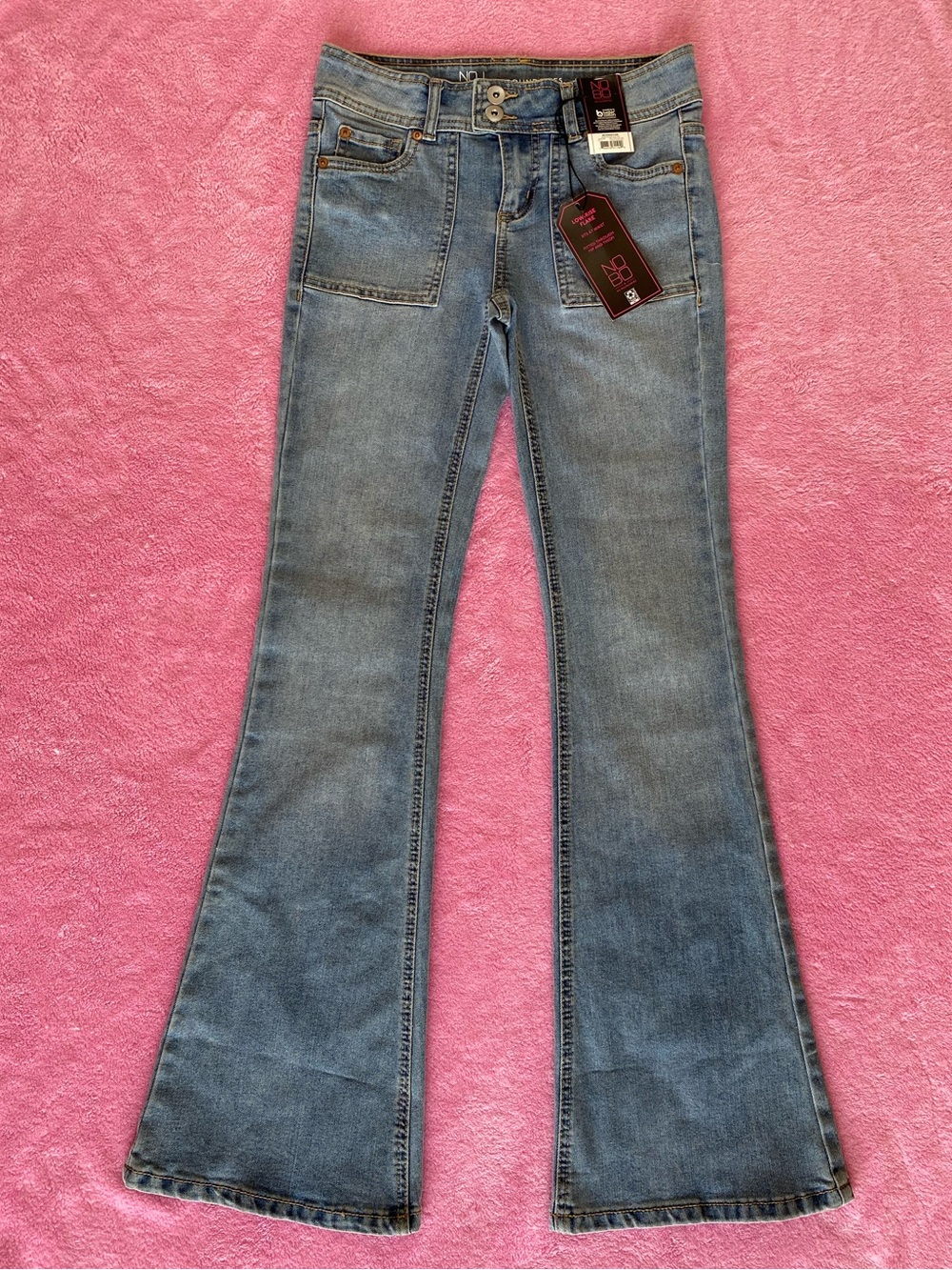 No Boundaries Low Rise Flare Jeans Stretch Denim Double Button Size 1 NWT